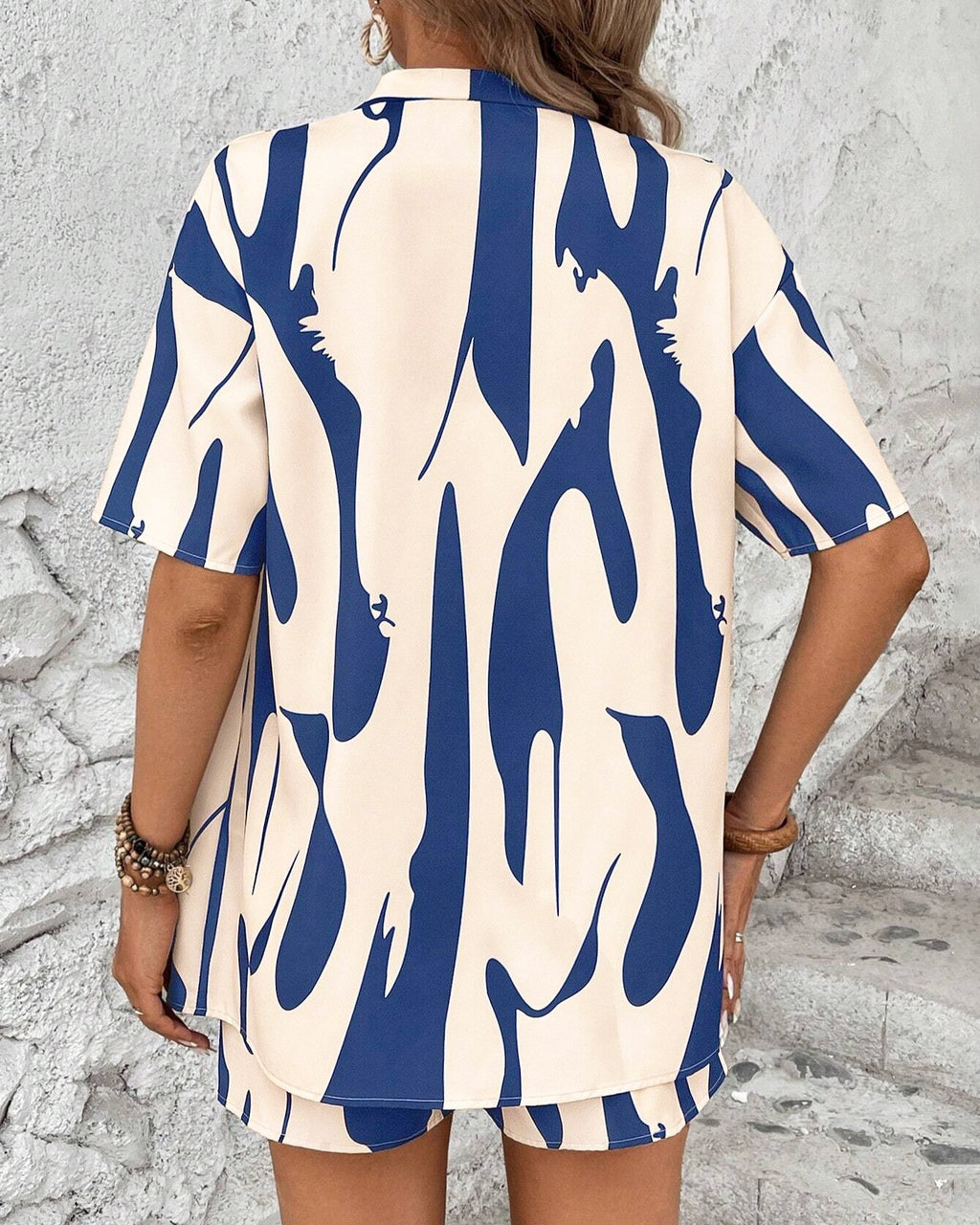 Abstract Print Shirt And Shorts Set - Blue - 3