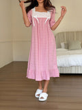 Square Neck Lace Bow Midi Dress - Pink