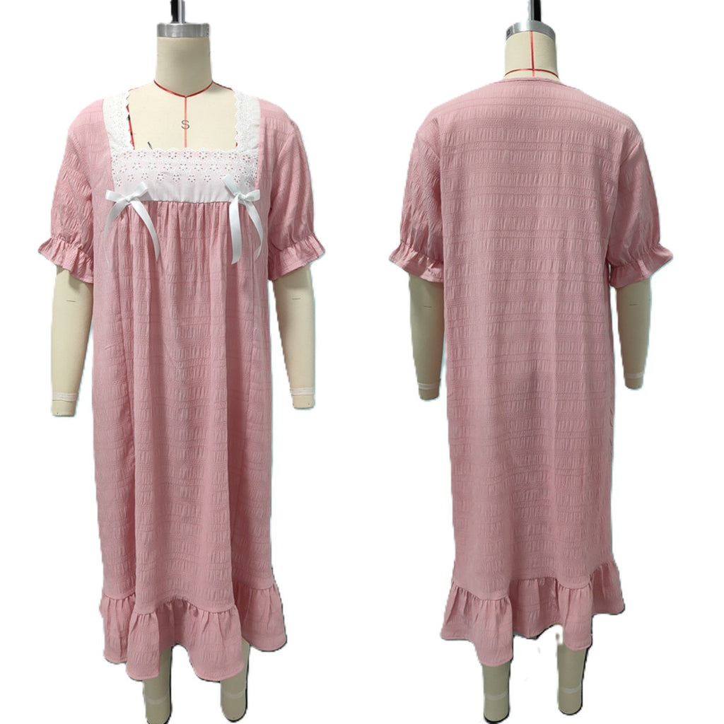 Square Neck Lace Bow Midi Dress - Pink - 1