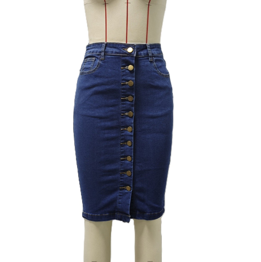 Curved Hem Button Down Denim Pencil Skirt - Darkblue