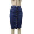 Curved Hem Button Down Denim Pencil Skirt - Darkblue