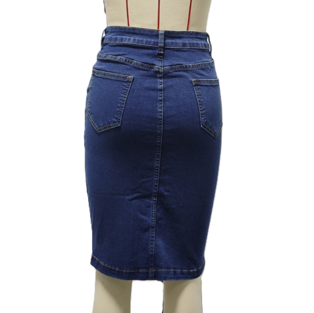 Curved Hem Button Down Denim Pencil Skirt - Darkblue - 1