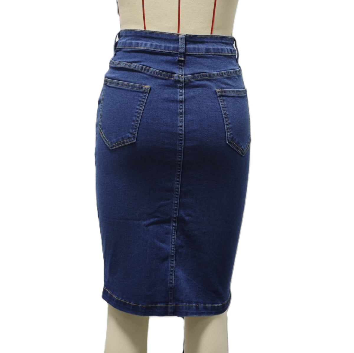 Curved Hem Button Down Denim Pencil Skirt - Darkblue - 1