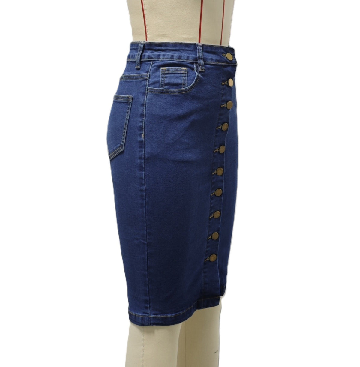 Curved Hem Button Down Denim Pencil Skirt - Darkblue - 2