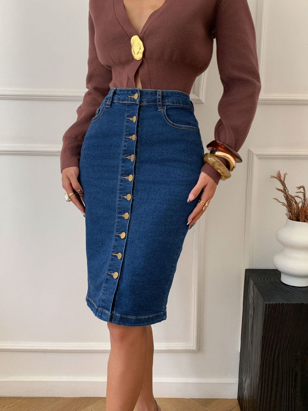 Curved Hem Button Down Denim Pencil Skirt - Darkblue - 3