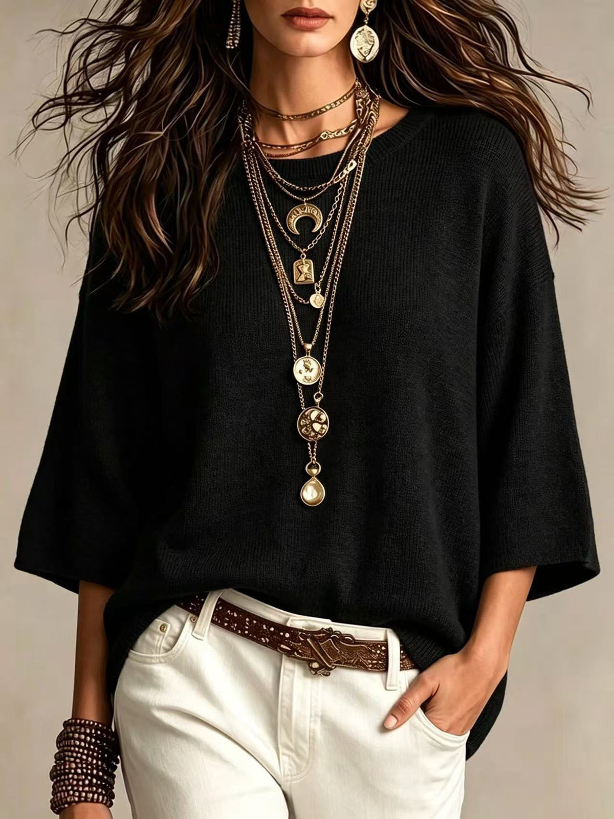 Relaxed Crew Neck Knit Sweater Three Quarter Sleeve - Black