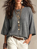 Relaxed Crew Neck Knit Sweater Three Quarter Sleeve - Grey