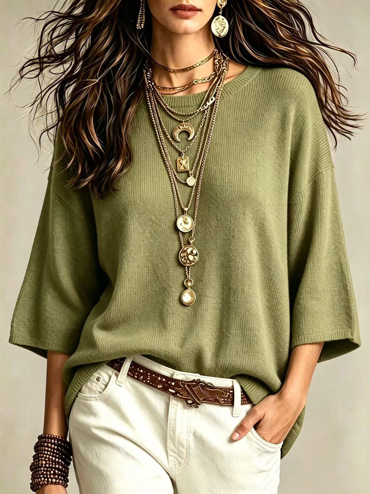 Relaxed Crew Neck Knit Sweater Three Quarter Sleeve - Olive