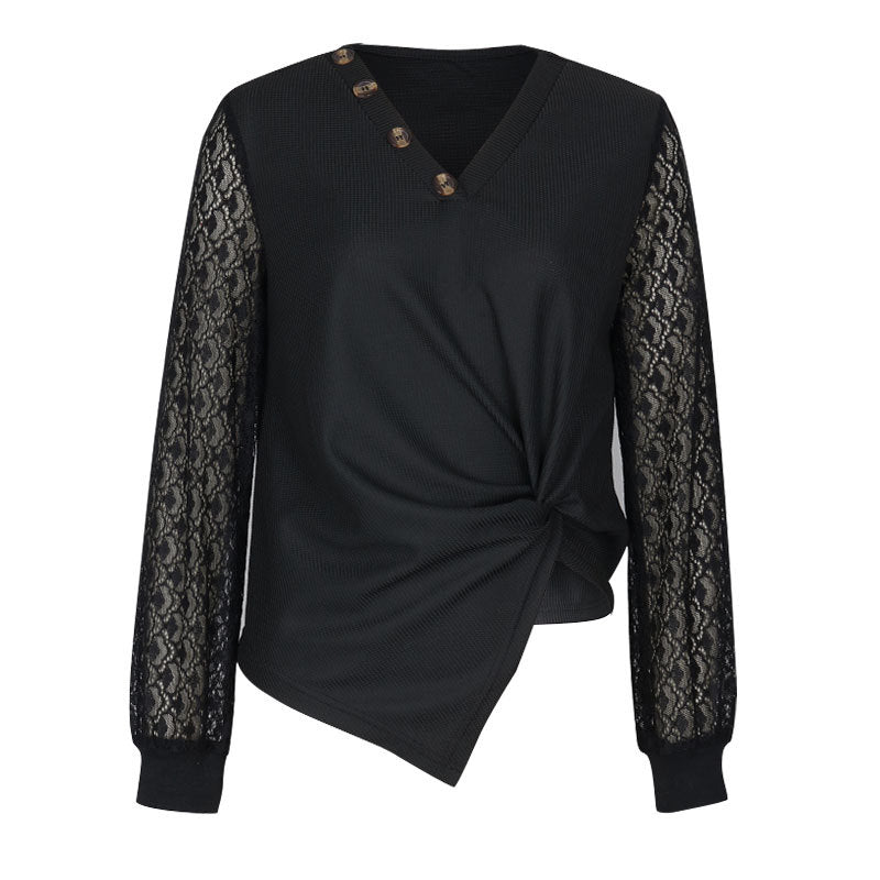 Twist Front Lace Sleeve V-Neck Blouse - Black