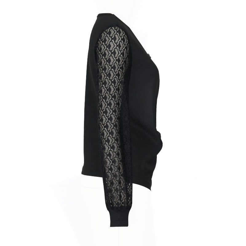 Twist Front Lace Sleeve V-Neck Blouse - Black - 1