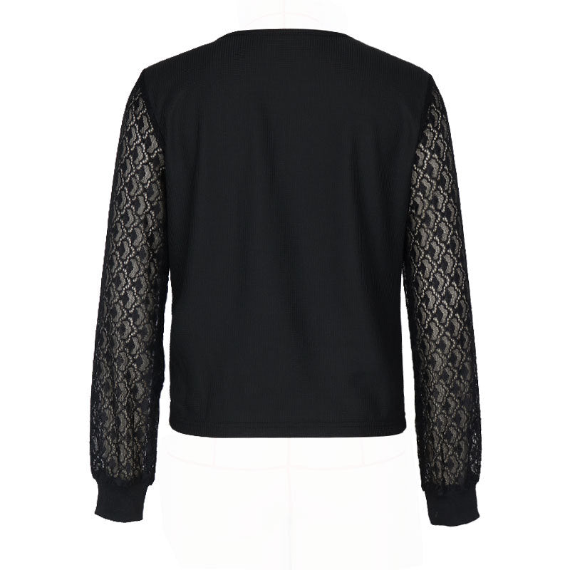 Twist Front Lace Sleeve V-Neck Blouse - Black - 2