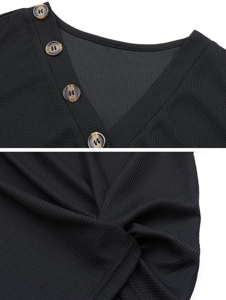 Twist Front Lace Sleeve V-Neck Blouse - Black - 3