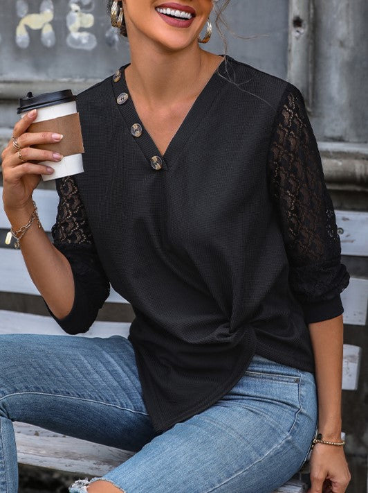 Twist Front Lace Sleeve V-Neck Blouse - Black - 5