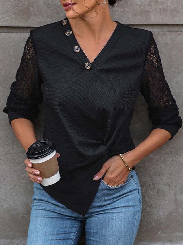 Twist Front Lace Sleeve V-Neck Blouse - view 1