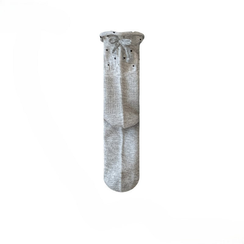 Bow Trim Ruffle Cuff Ankle Socks - Light-Gray