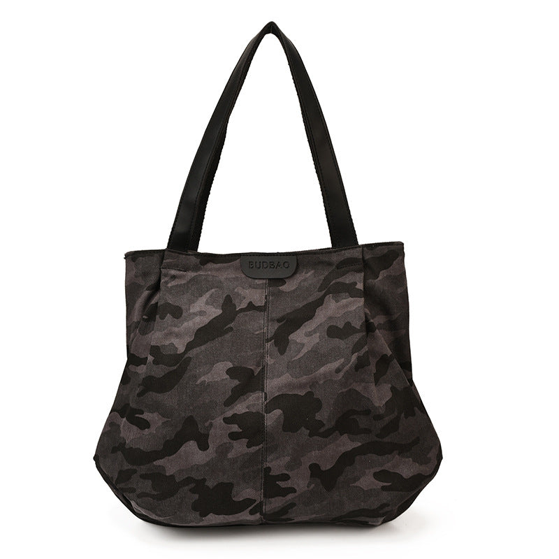 Camouflage Canvas Shoulder Tote With Long Handles - Black