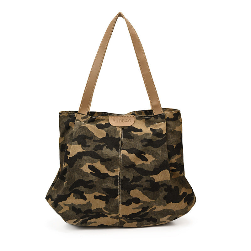 Camouflage Canvas Shoulder Tote With Long Handles - Green