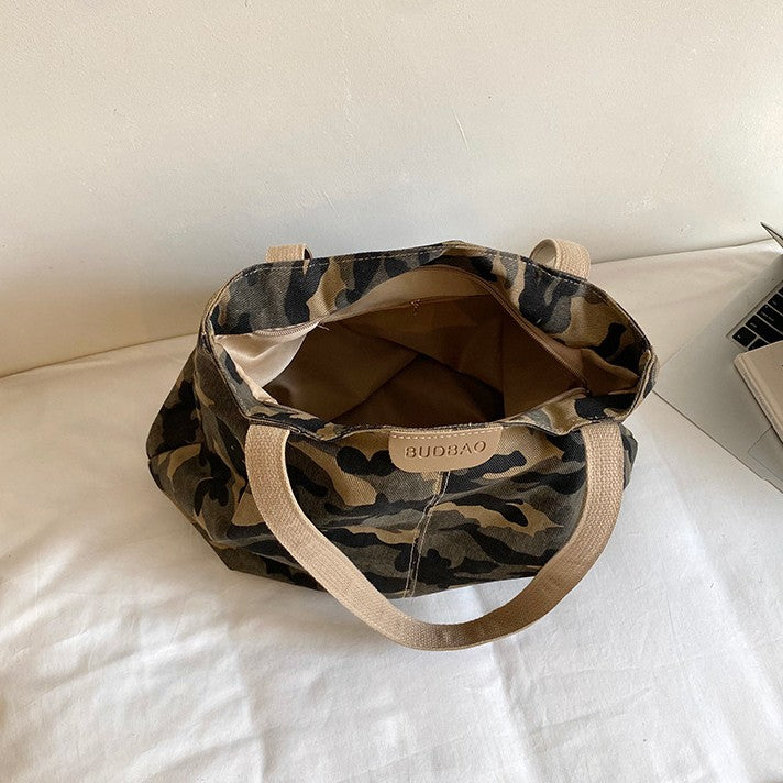 Camouflage Canvas Shoulder Tote With Long Handles