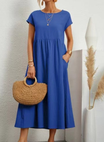 Cap Sleeve Maxi Dress With Deep Pockets - Blue