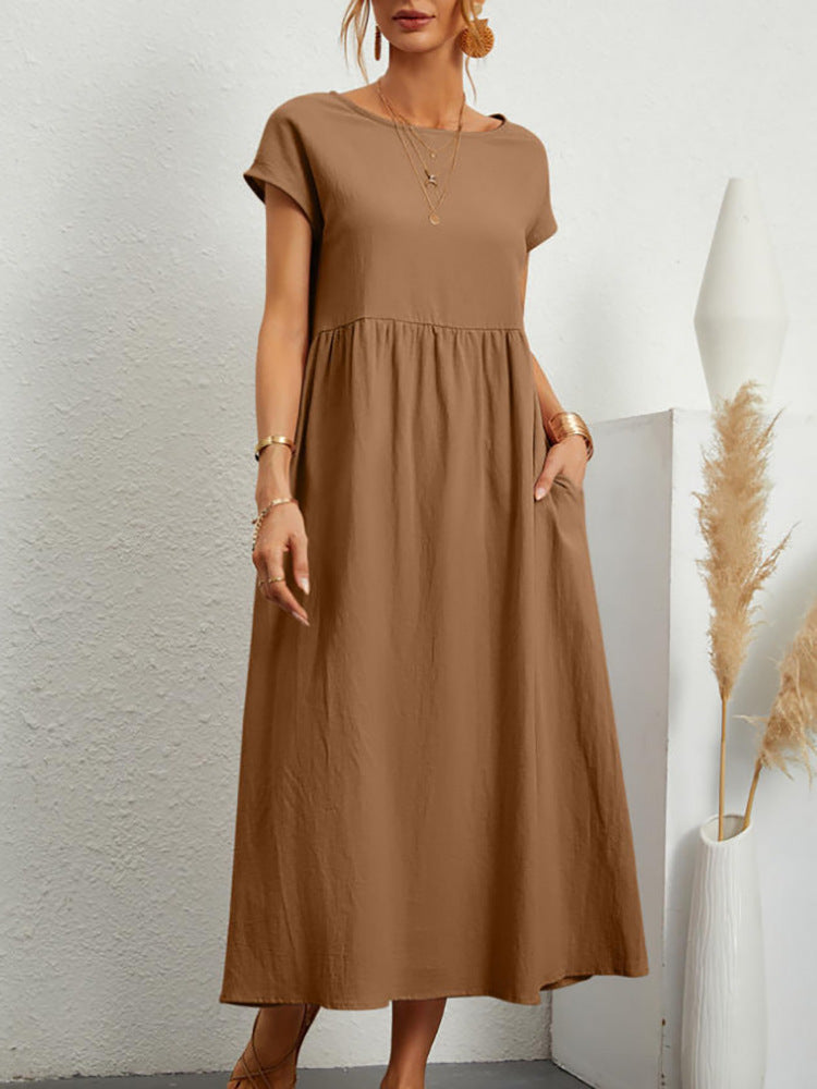 Cap Sleeve Maxi Dress With Deep Pockets - Camel