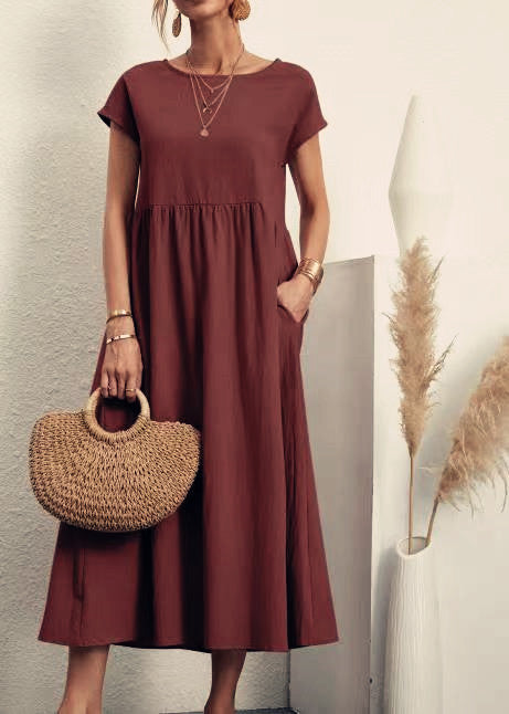Cap Sleeve Maxi Dress With Deep Pockets - WineRed