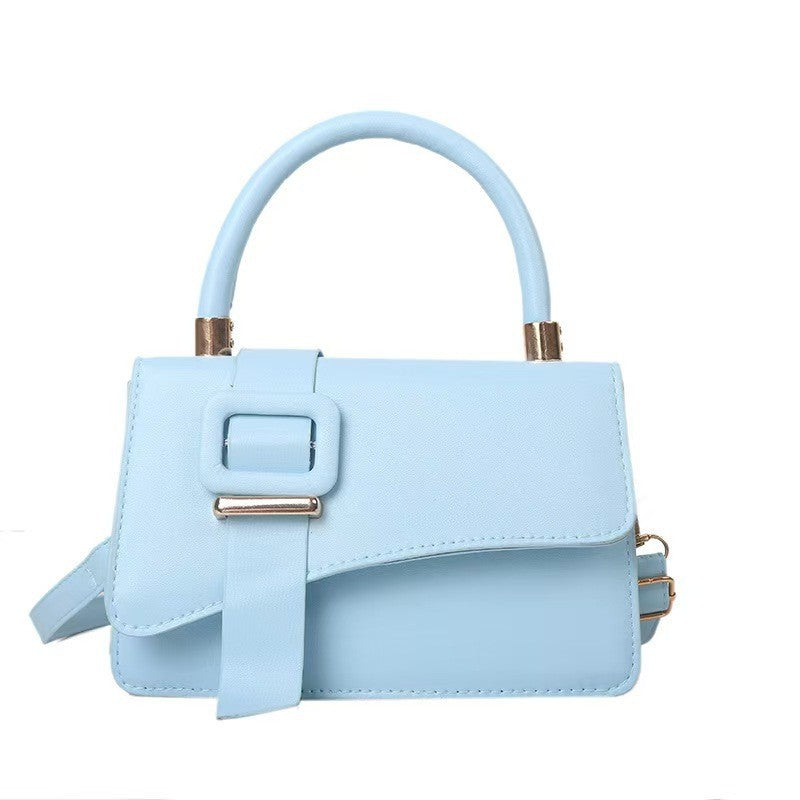 Buckle Flap Top Handle Bag with Crossbody Strap - Sky Blue