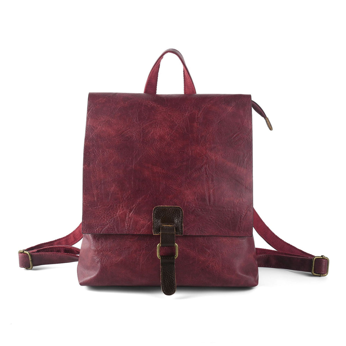 Vintage Buckle Flap Faux Leather Backpack - Burgundy
