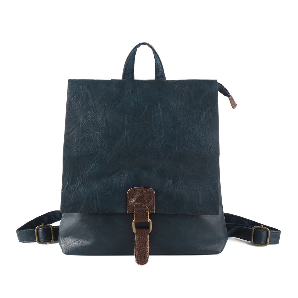 Vintage Buckle Flap Faux Leather Backpack - Deep Blue
