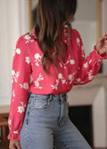 Ruffle Trim Floral Long Sleeve Blouse - Rose