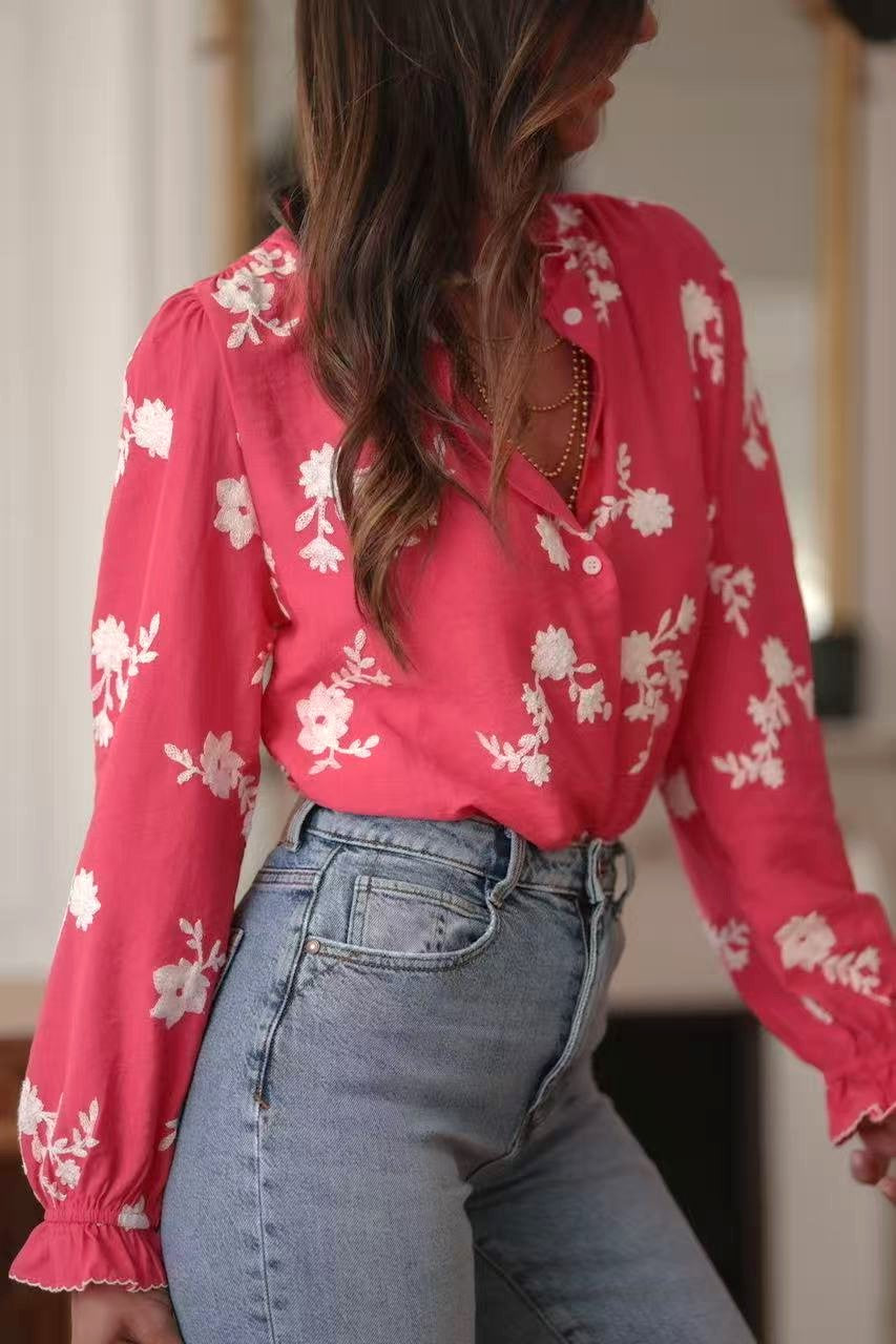 Ruffle Trim Floral Long Sleeve Blouse - Rose - 1