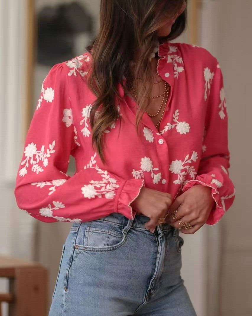 Ruffle Trim Floral Long Sleeve Blouse - Rose - 2