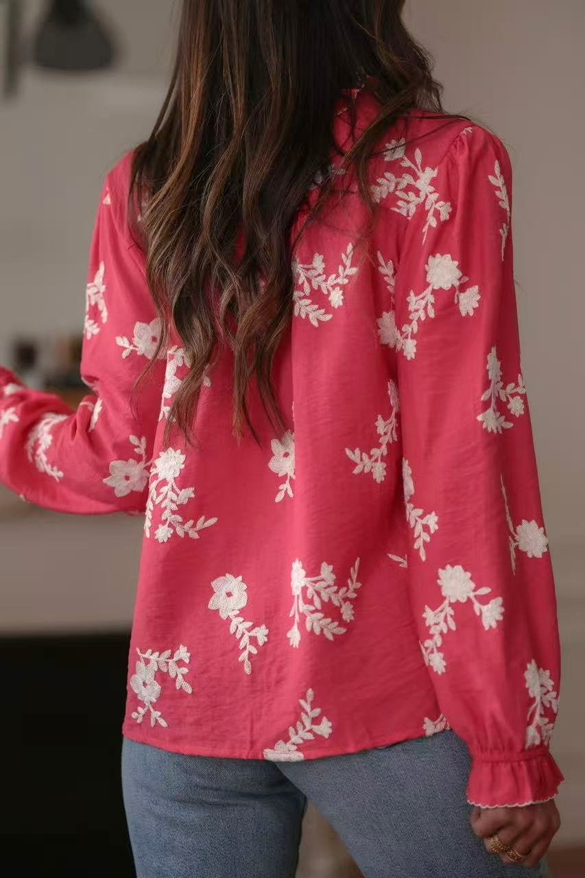 Ruffle Trim Floral Long Sleeve Blouse - Rose - 3