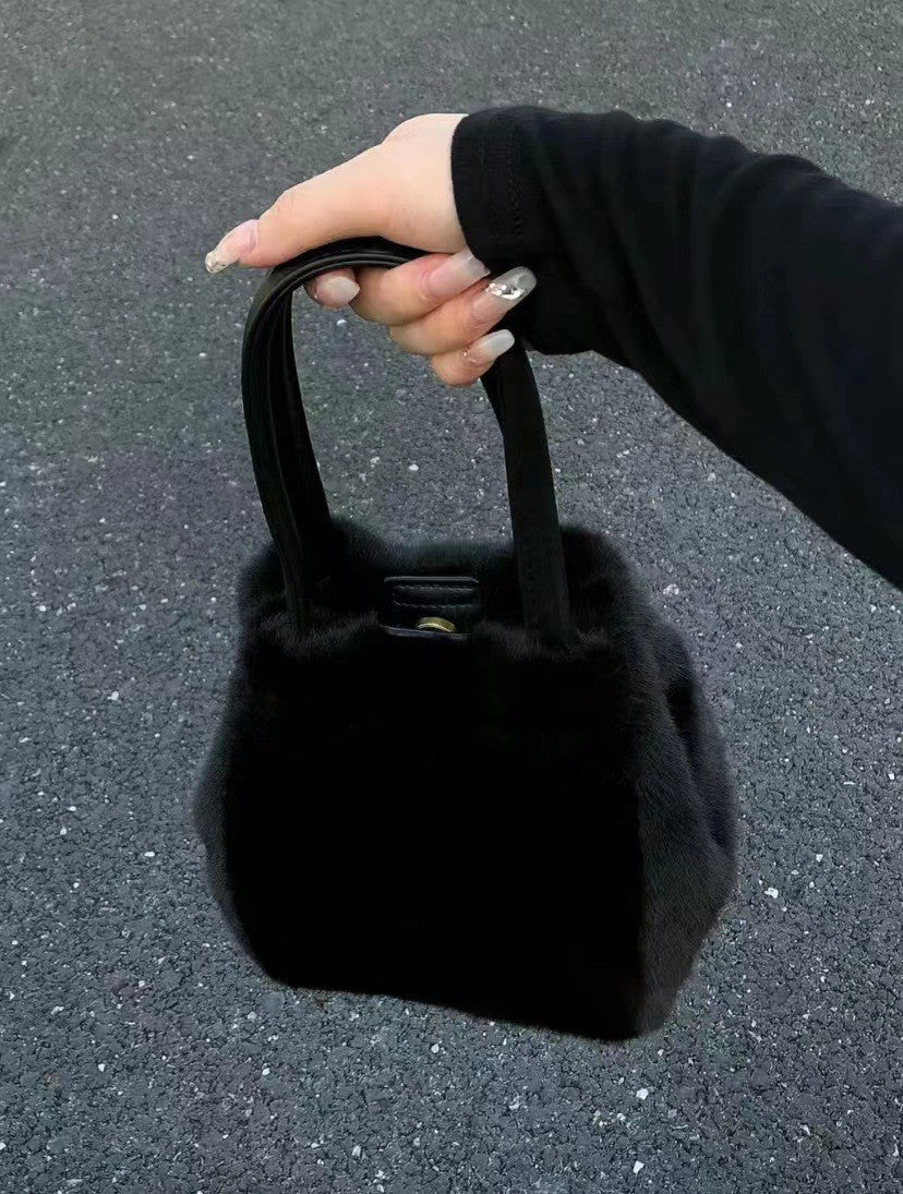 Faux Fur Mini Bucket Bag with Crossbody Strap - Black