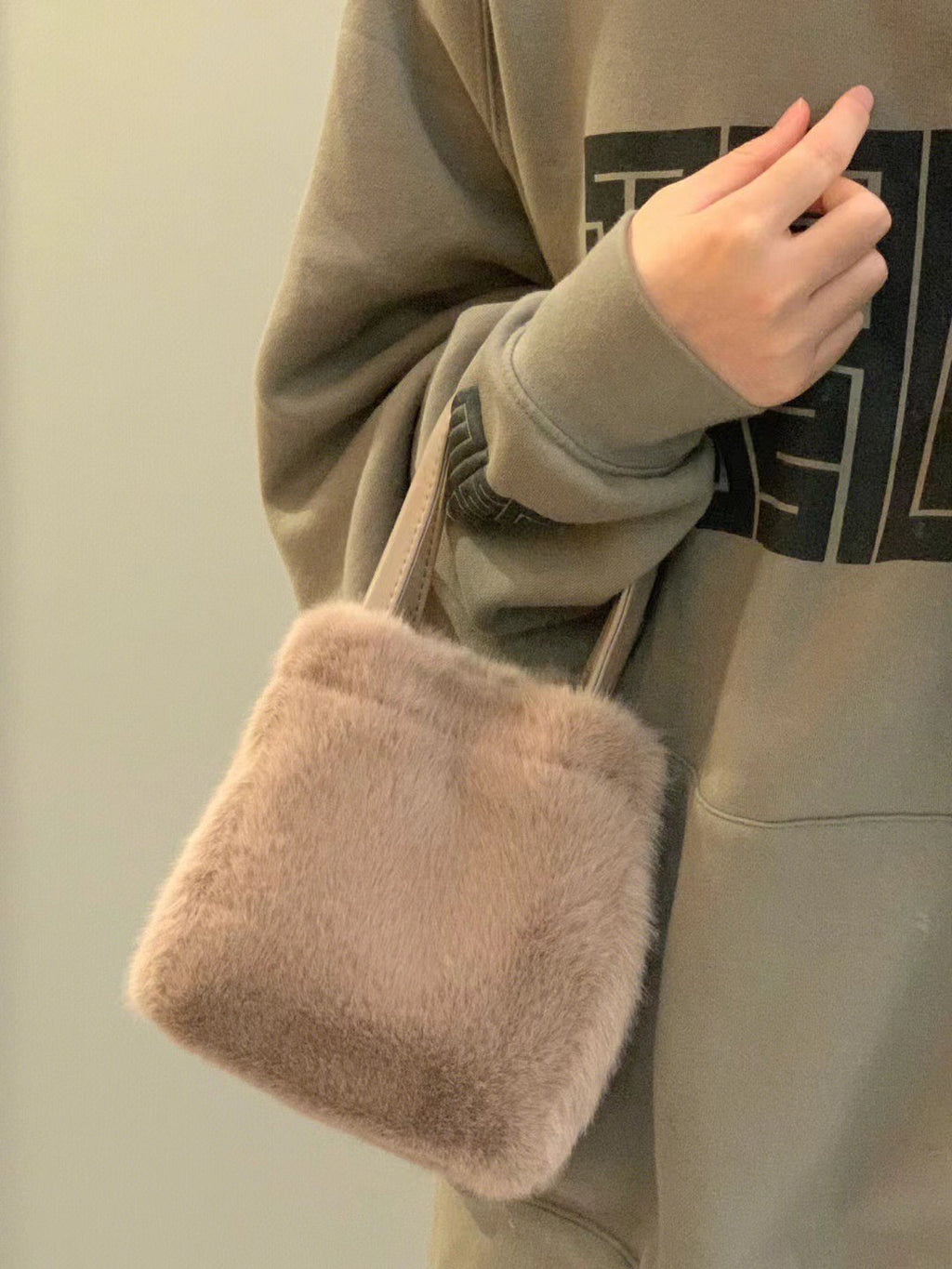 Faux Fur Mini Bucket Bag with Crossbody Strap - Taupe