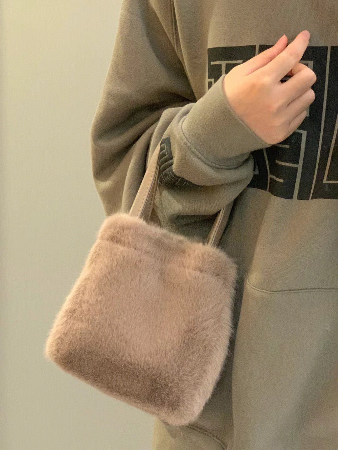 Faux Fur Mini Bucket Bag with Crossbody Strap - Taupe