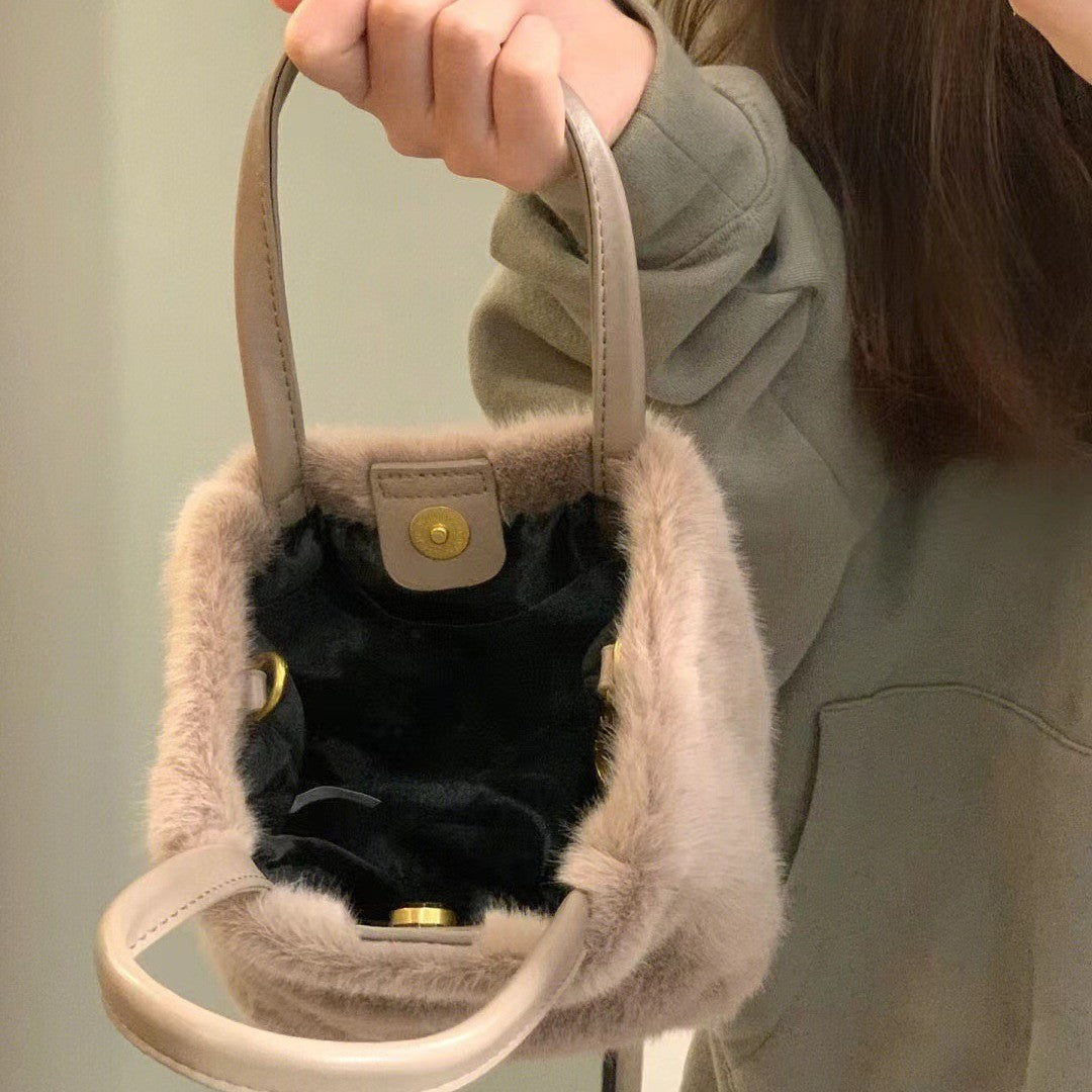 Faux Fur Mini Bucket Bag with Crossbody Strap