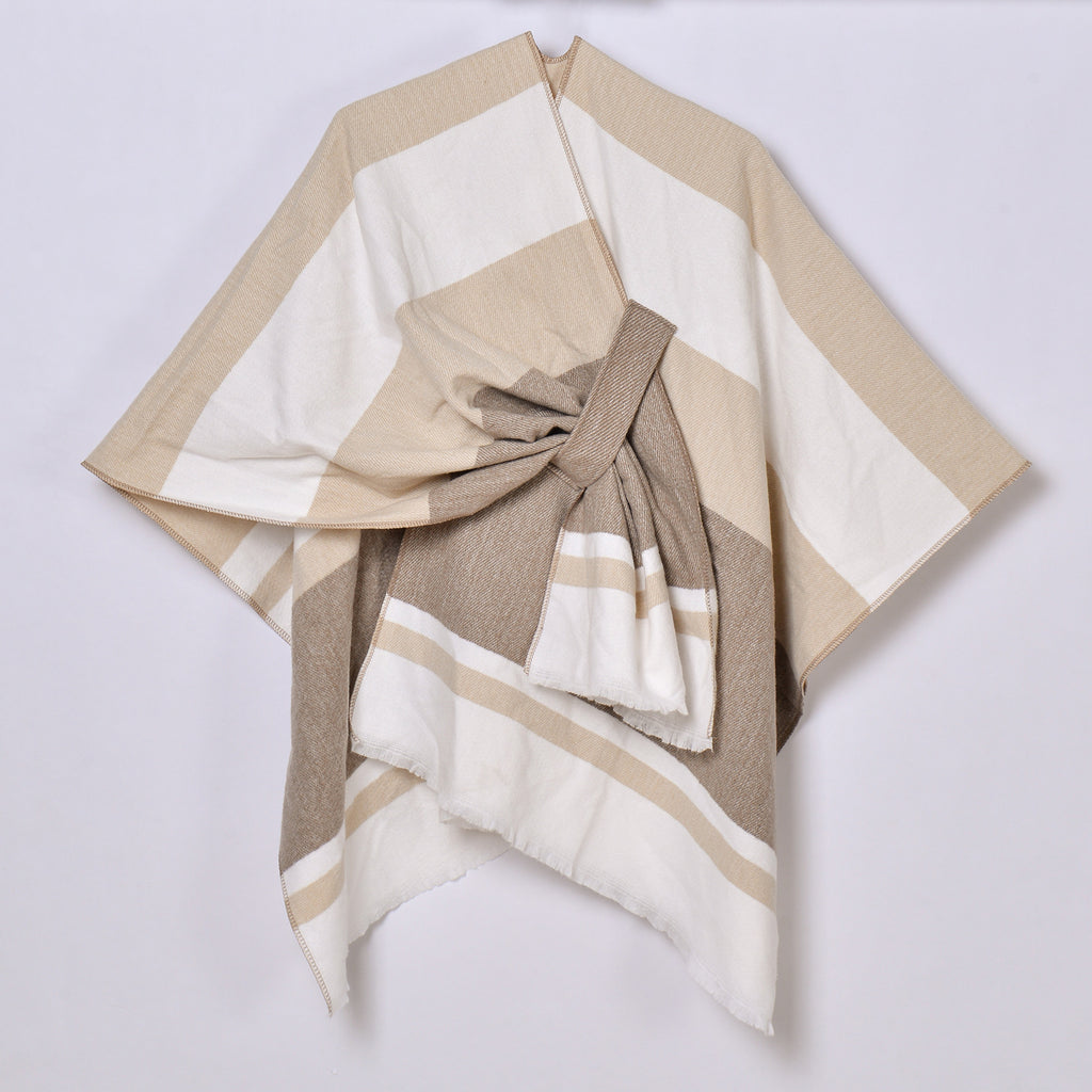 Wide Stripe Open Shawl Ruana - BEIGE