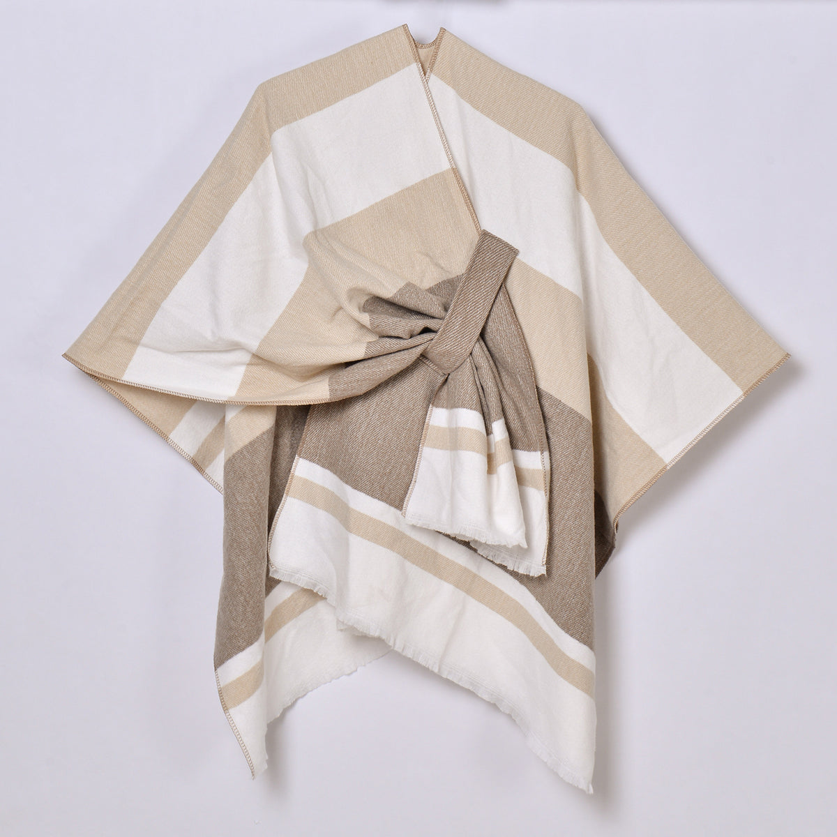 Wide Stripe Open Shawl Ruana - BEIGE