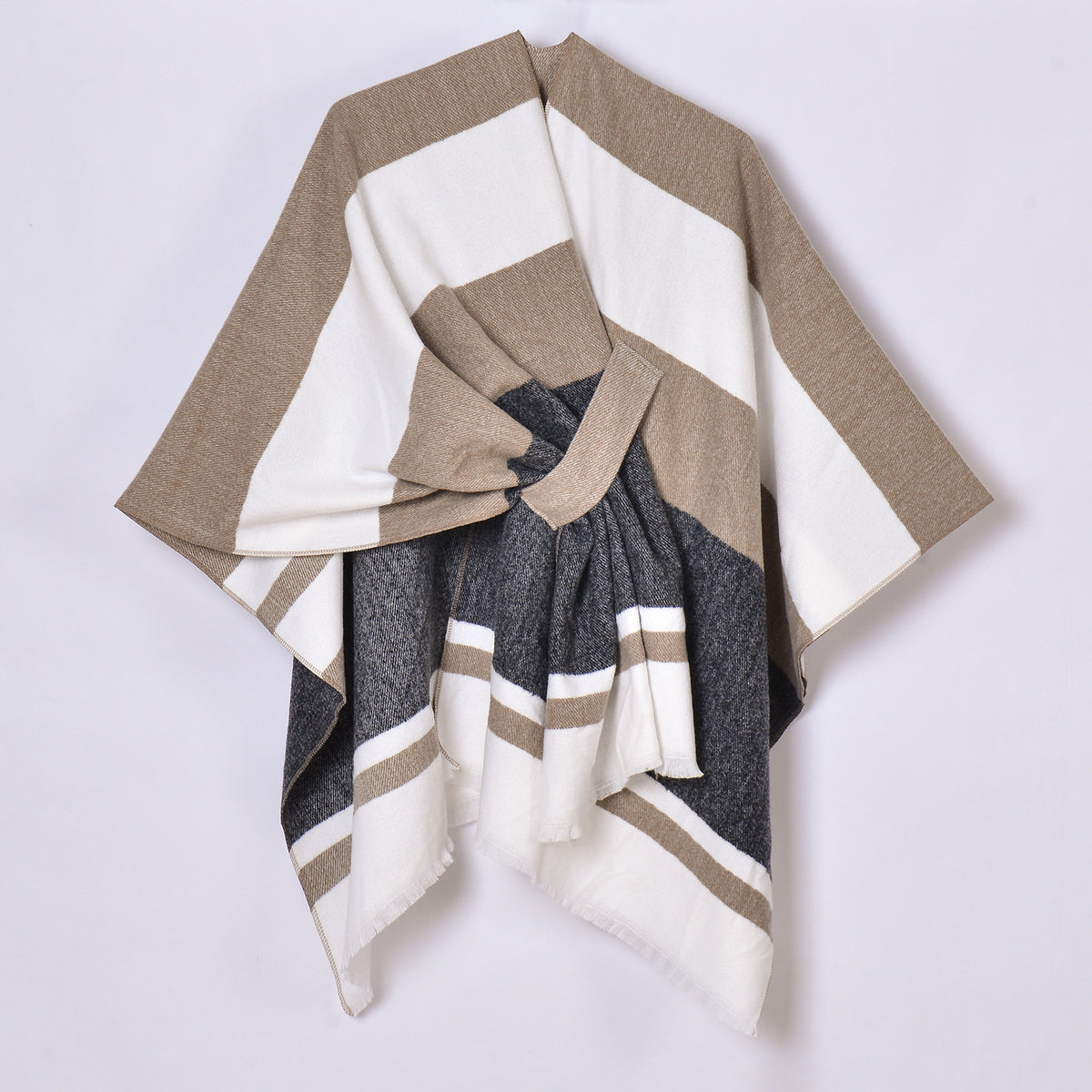 Wide Stripe Open Shawl Ruana - BEIGE_B