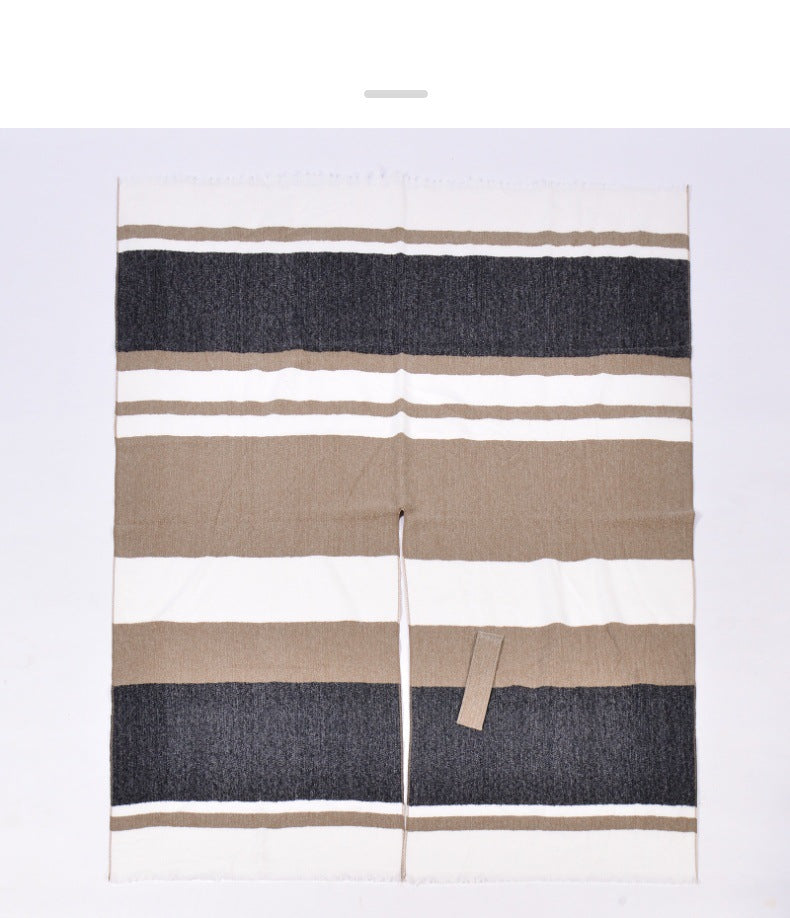 Wide Stripe Open Shawl Ruana - BEIGE_B - 1