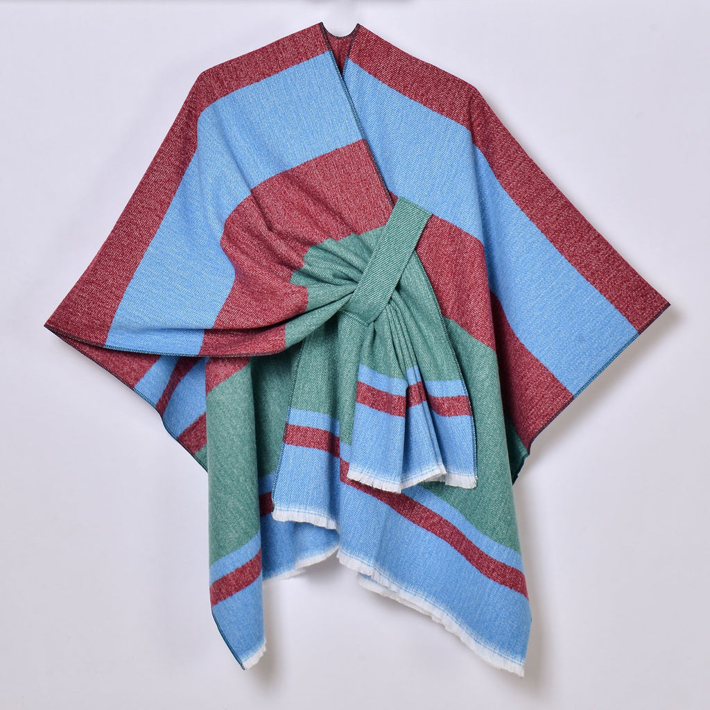 Wide Stripe Open Shawl Ruana - BLUE_R