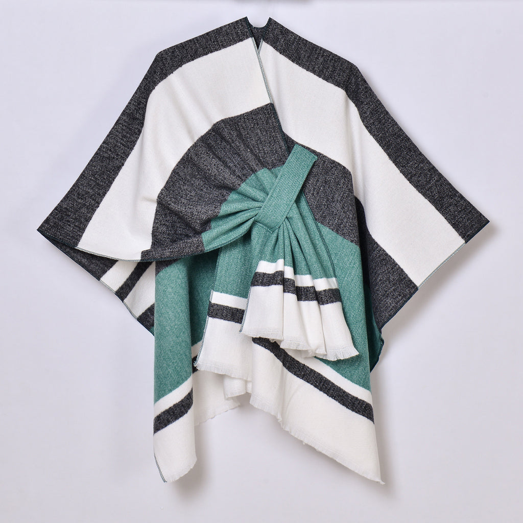 Wide Stripe Open Shawl Ruana - GREEN