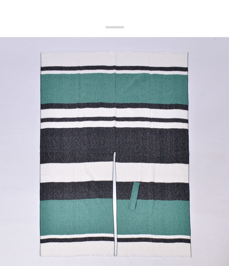 Wide Stripe Open Shawl Ruana - GREEN - 1