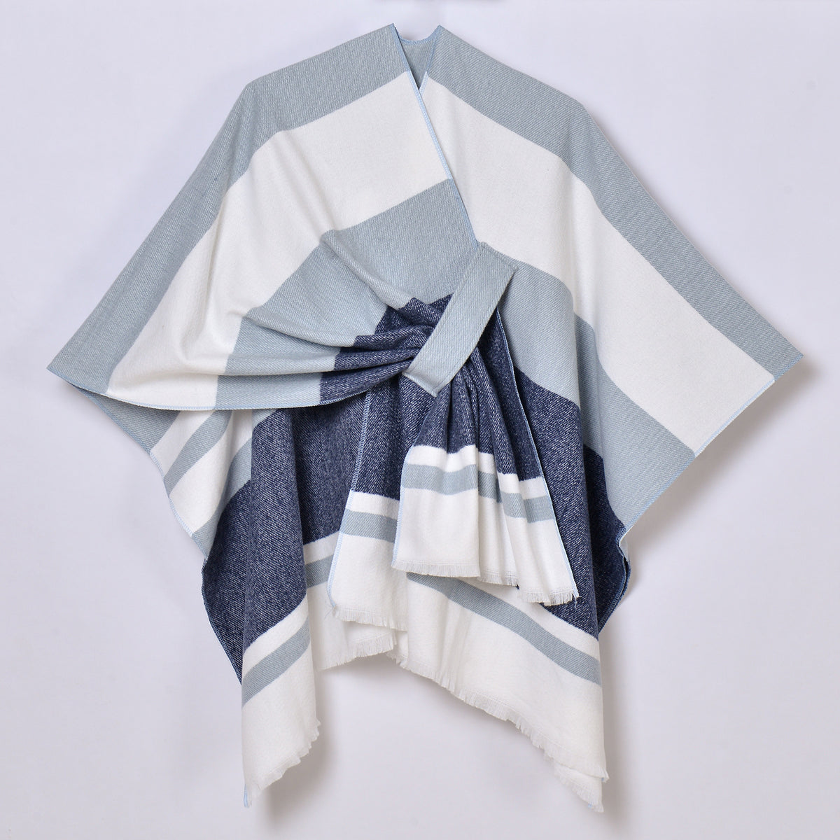 Wide Stripe Open Shawl Ruana - NAVY