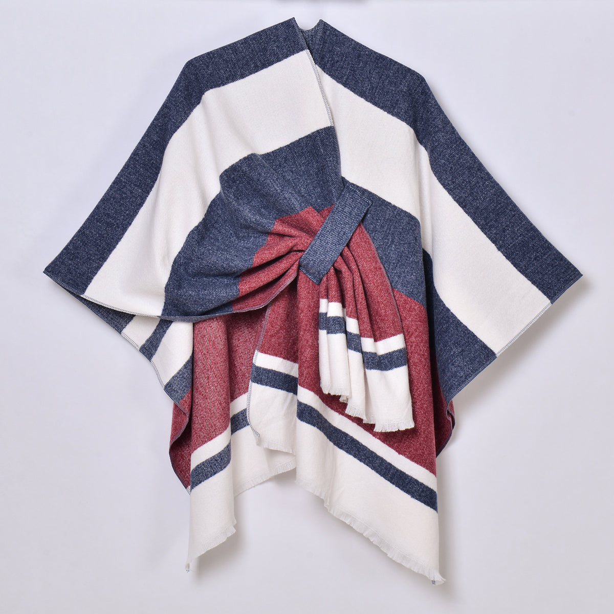 Wide Stripe Open Shawl Ruana - RED_N