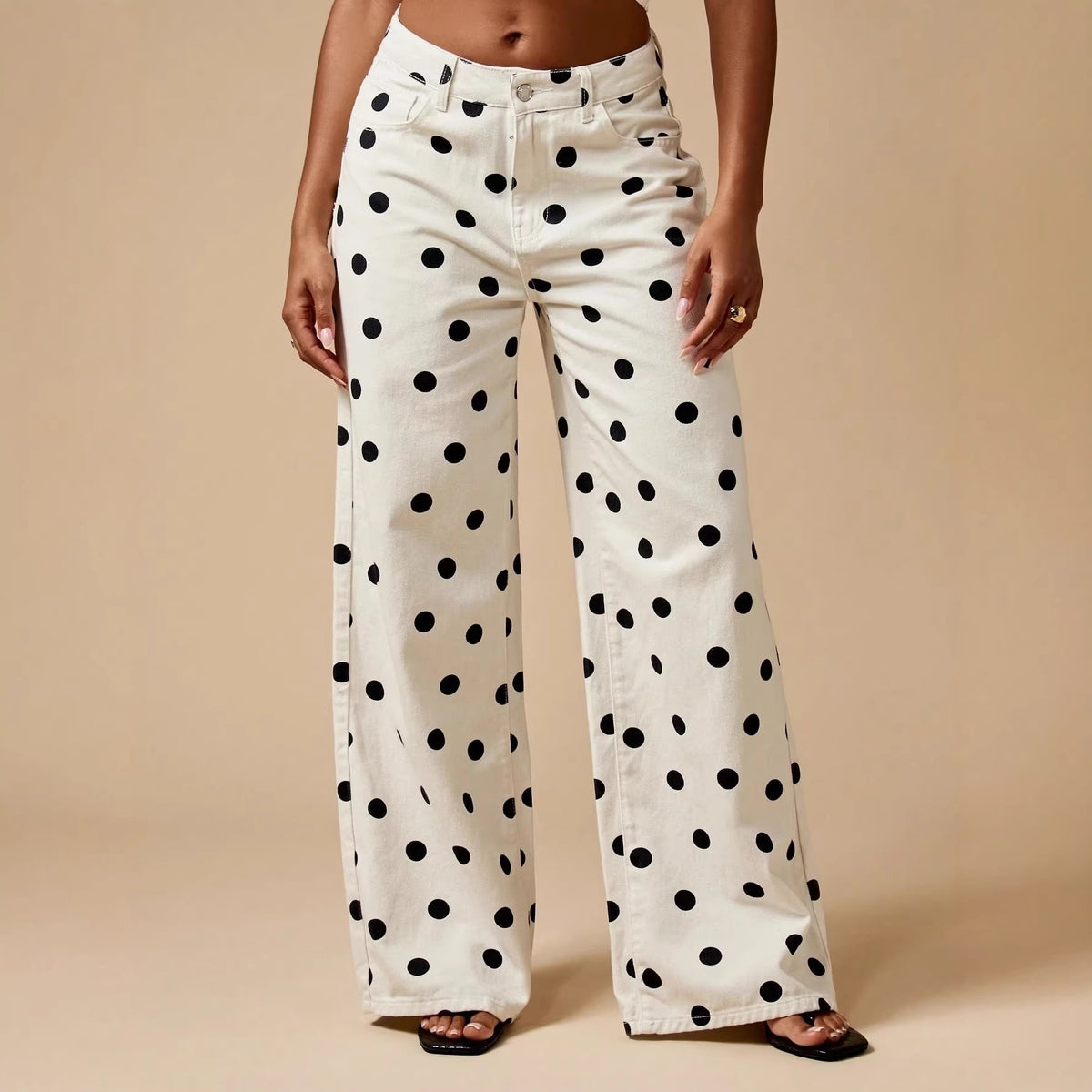 Polka Dot Wide Leg Denim Trousers - White