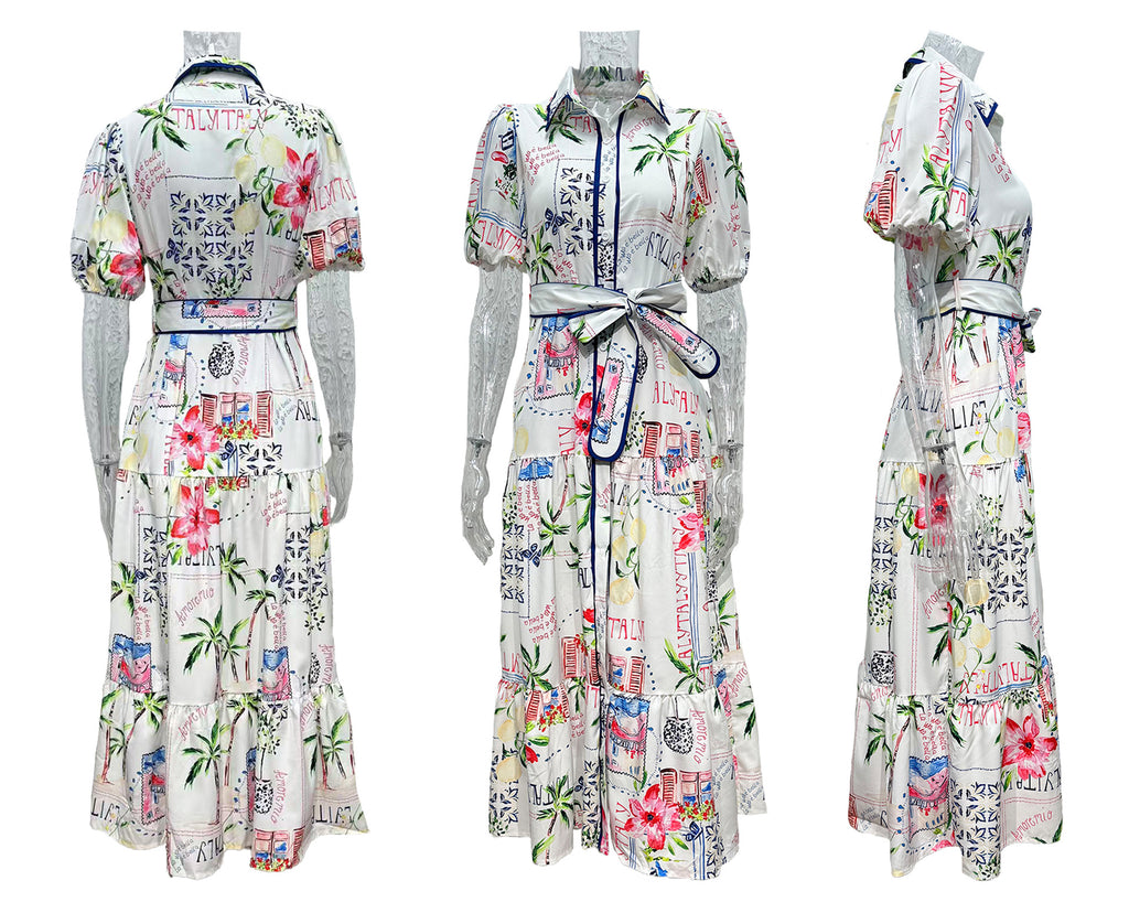 Floral Print Tiered Maxi Shirt Dress - White