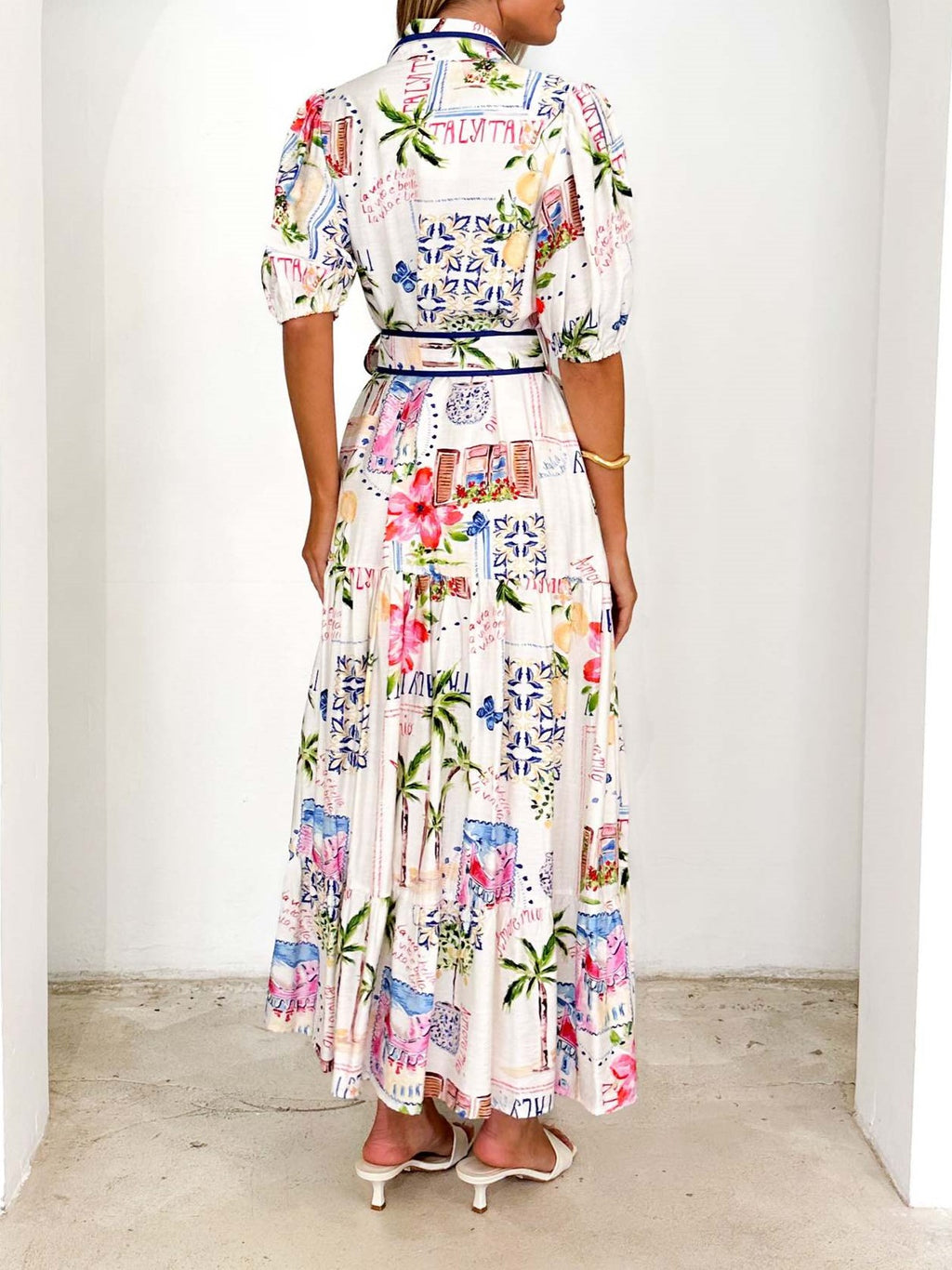 Floral Print Tiered Maxi Shirt Dress - White - 1