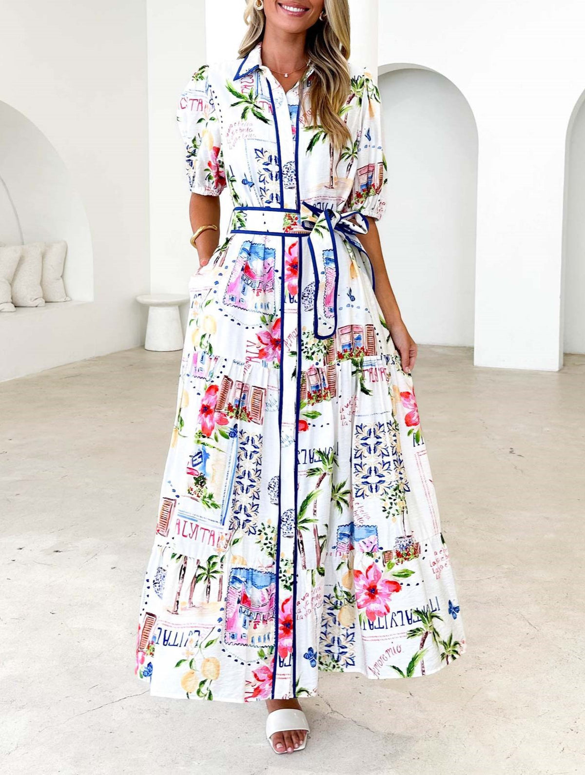 Floral Print Tiered Maxi Shirt Dress - White - 2