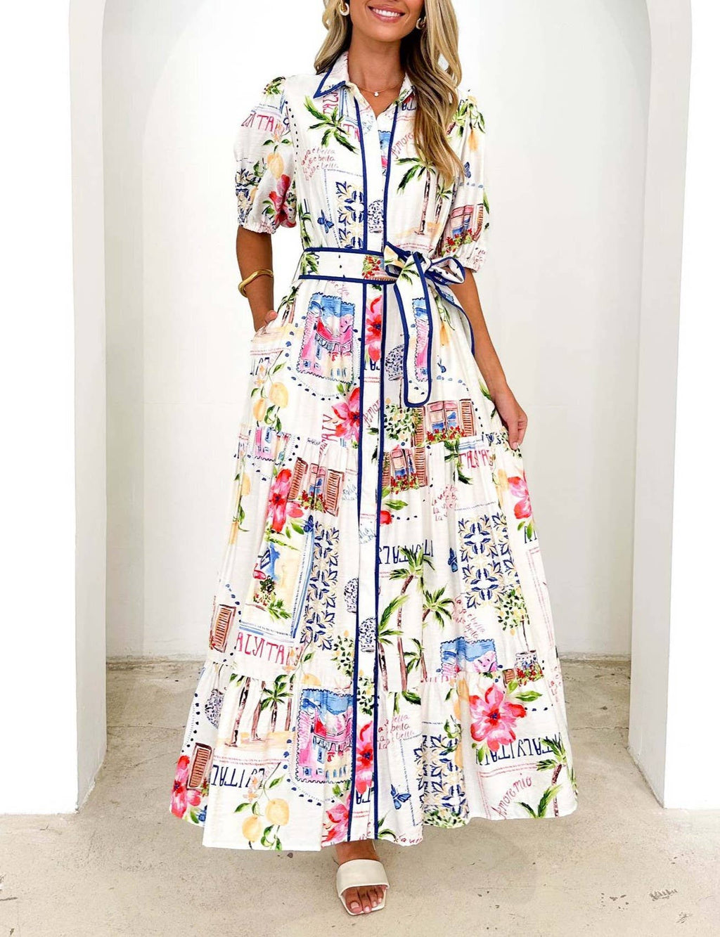 Floral Print Tiered Maxi Shirt Dress
